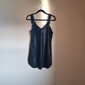 Vintage 90s Inner Most Black Satin Slip Dress Floral Lace Straps Small